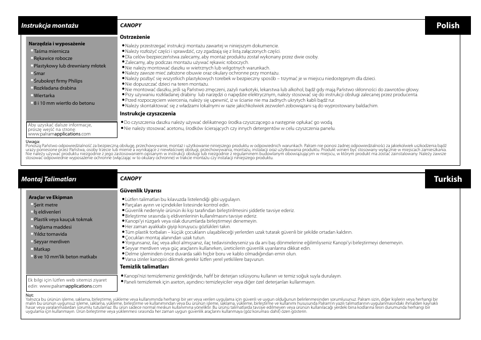 Polish, Turkish, Instrukcja montażu | Montaj talimatları | Palram Applications Orion 1350 - Door Cover User Manual | Page 12 / 17