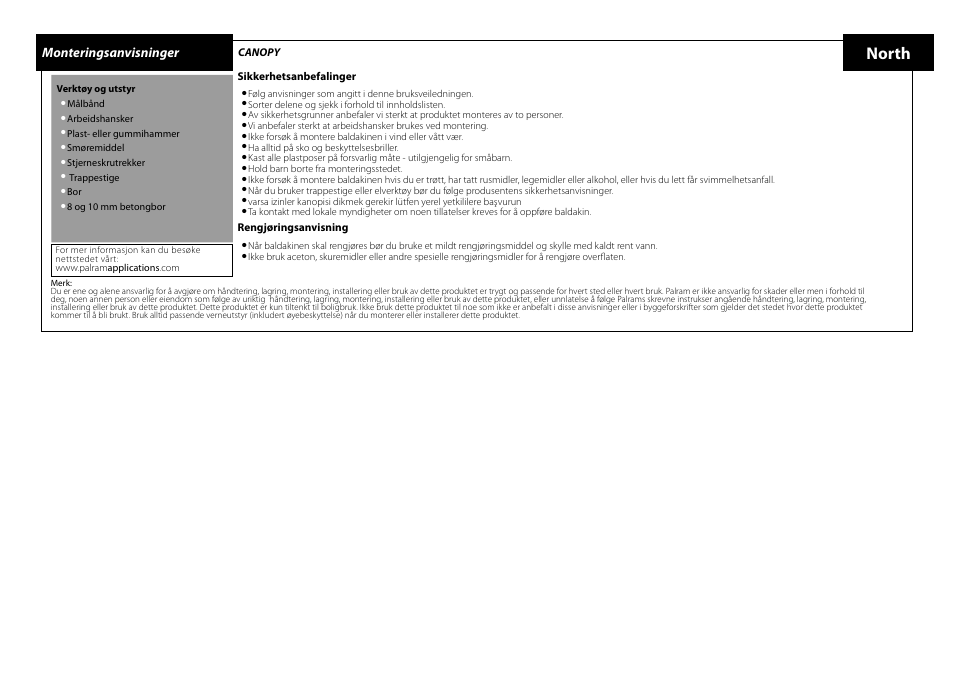 North, Monteringsanvisninger | Palram Applications Orion 1350 - Door Cover User Manual | Page 13 / 17
