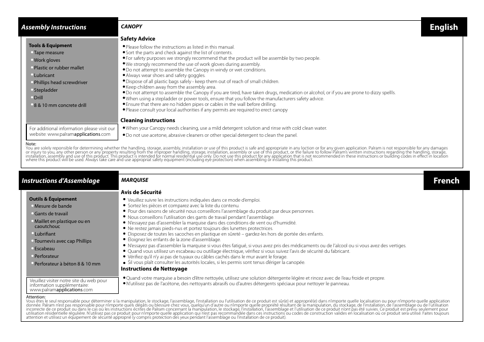 English, French, Assembly instructions | Instructions d’assemblage | Palram Applications Orion 1350 - Door Cover User Manual | Page 2 / 17