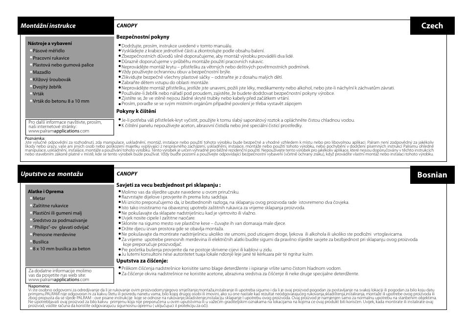 Czech bosnian, Montážní instrukce, Uputstvo za montažu | Palram Applications Orion 1350 - Door Cover User Manual | Page 8 / 17