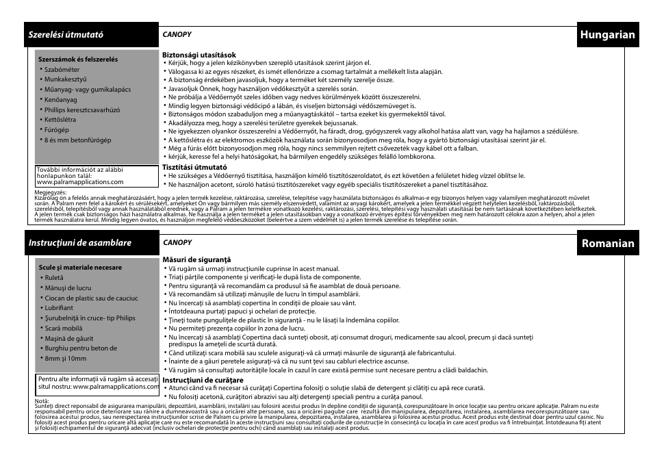 Hungarian, Romanian | Palram Applications Aquila 1500 F/G User Manual | Page 11 / 18