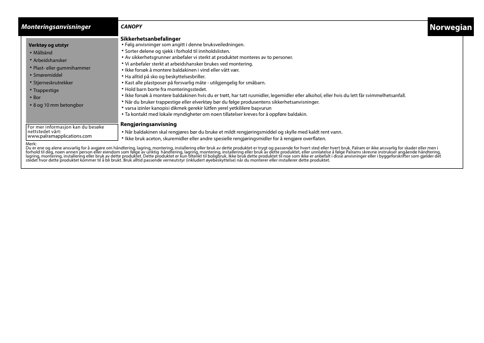 Norwegian | Palram Applications Aquila 1500 F/G User Manual | Page 13 / 18