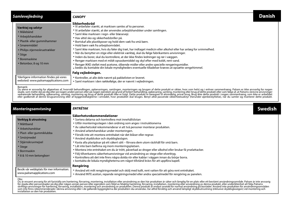 Danish swedish | Palram Applications Aquila 1500 F/G User Manual | Page 6 / 18