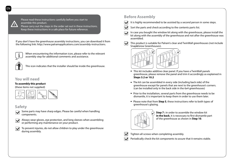 You will need, Safety, Before assembly | Palram Applications Side Louver Window User Manual | Page 2 / 18