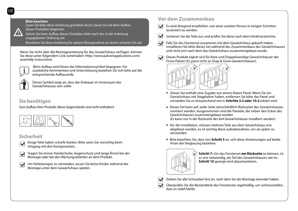 Sie benötigen, Sicherheit, Vor dem zusammenbau | Palram Applications Side Louver Window User Manual | Page 3 / 18