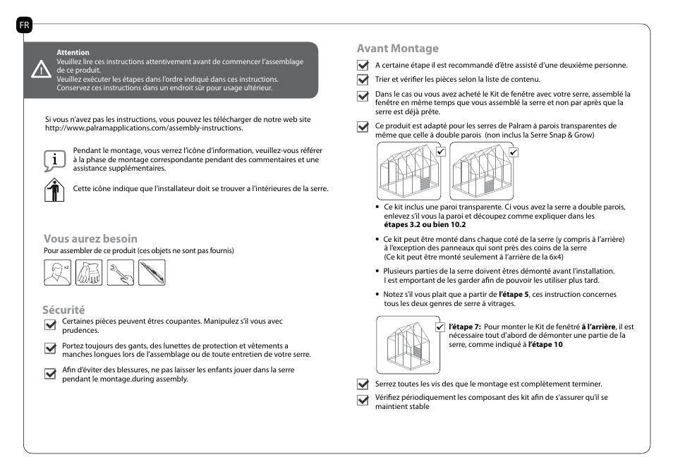 Avant montage, Vous aurez besoin, Sécurité | Palram Applications Side Louver Window User Manual | Page 4 / 18