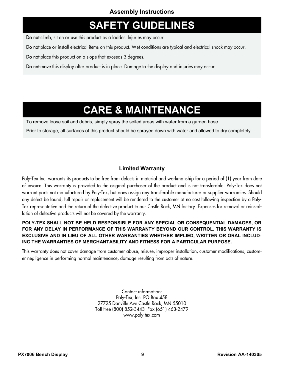 Safety guidelines, Care & maintenance | Poly-Tex PX7006 User Manual | Page 9 / 9