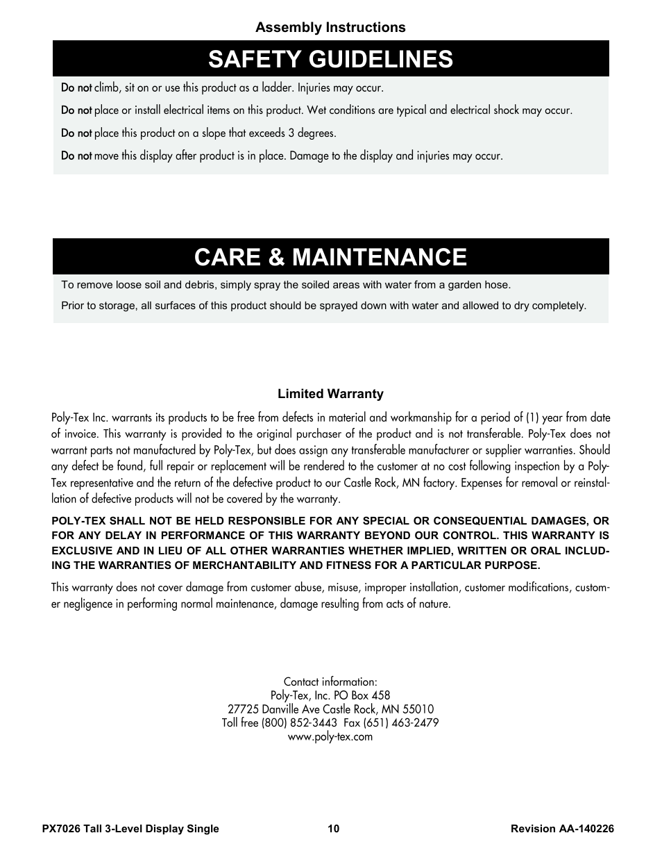 Safety guidelines, Care & maintenance | Poly-Tex PX7026 User Manual | Page 10 / 10