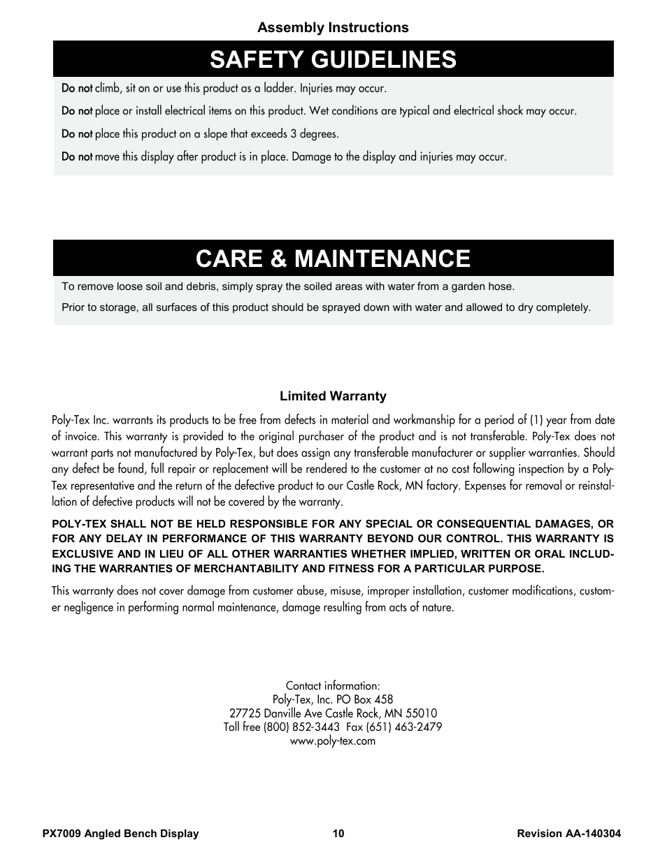 Safety guidelines, Care & maintenance | Poly-Tex PX7009 User Manual | Page 10 / 10