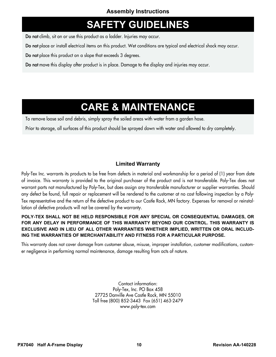 Safety guidelines, Care & maintenance | Poly-Tex PX7040 User Manual | Page 10 / 10