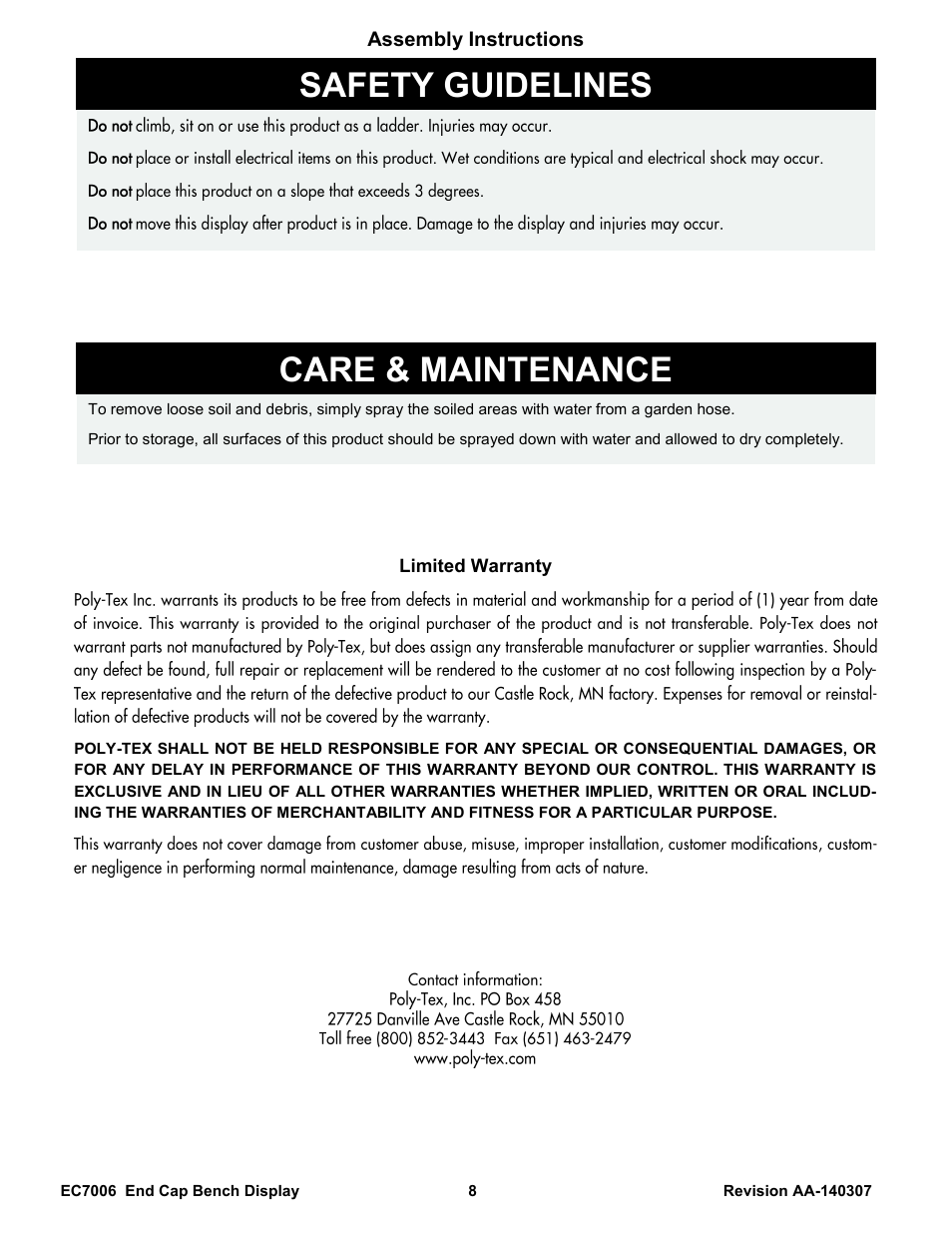 Safety guidelines, Care & maintenance | Poly-Tex EC7006 User Manual | Page 8 / 8