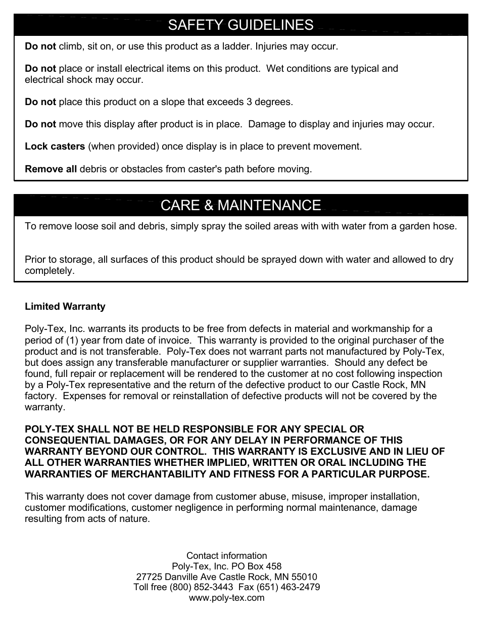 Safety guidelines care & maintenance | Poly-Tex BH3000 User Manual | Page 6 / 6