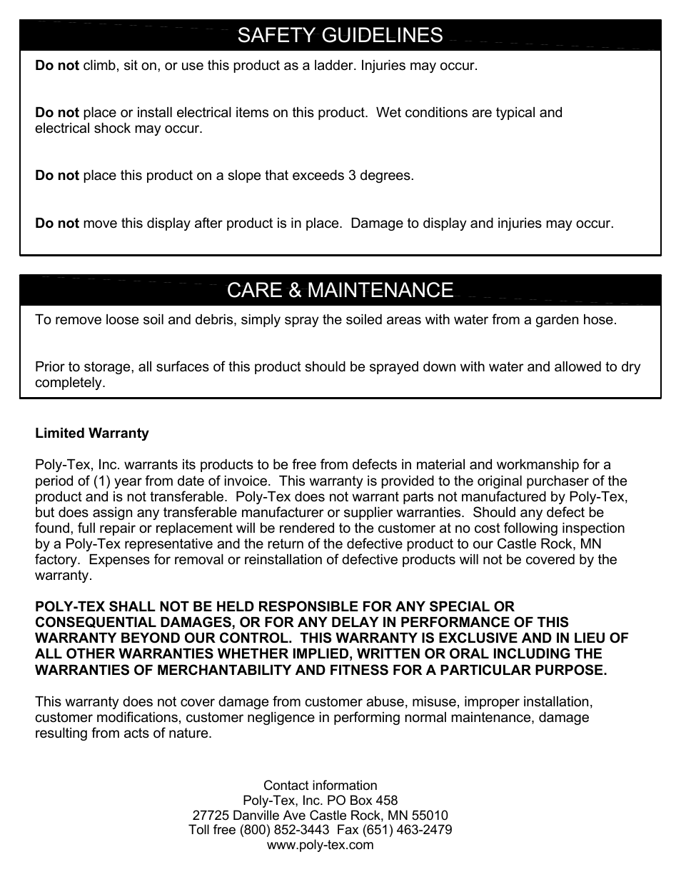 Safety guidelines care & maintenance | Poly-Tex CH8100 User Manual | Page 8 / 8