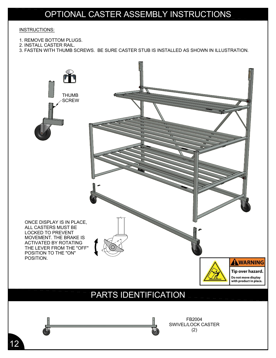 Optional caster assembly instructions, Parts identification | Poly-Tex FB3001 User Manual | Page 12 / 14