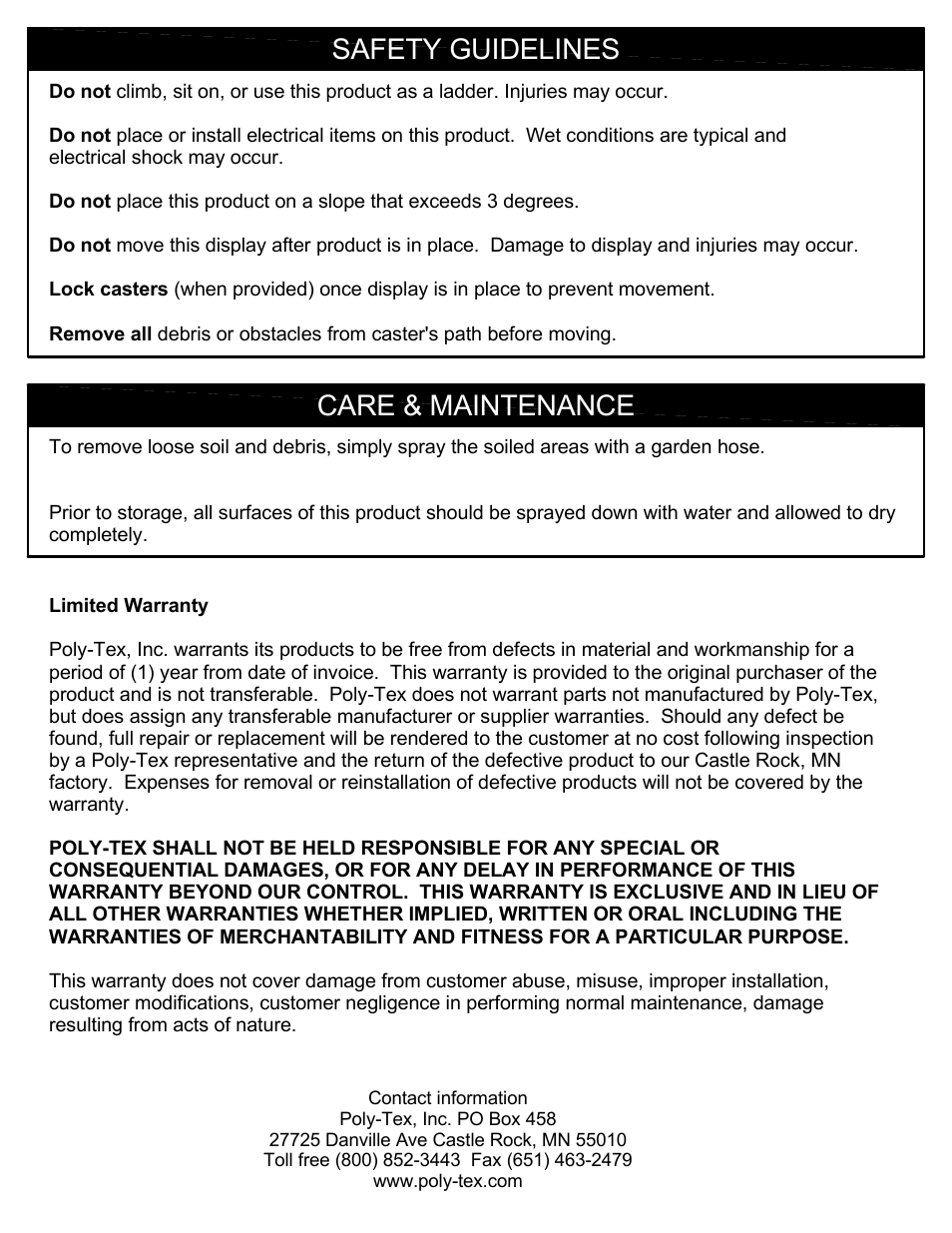 Safety guidelines care & maintenance | Poly-Tex FB3001 User Manual | Page 14 / 14
