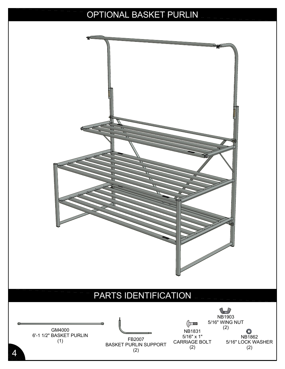 Optional basket purlin, Parts identification | Poly-Tex FB3001 User Manual | Page 4 / 14