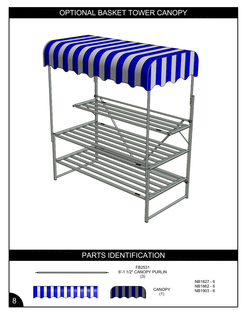 Optional basket tower canopy, Parts identification | Poly-Tex FB3001 User Manual | Page 8 / 14