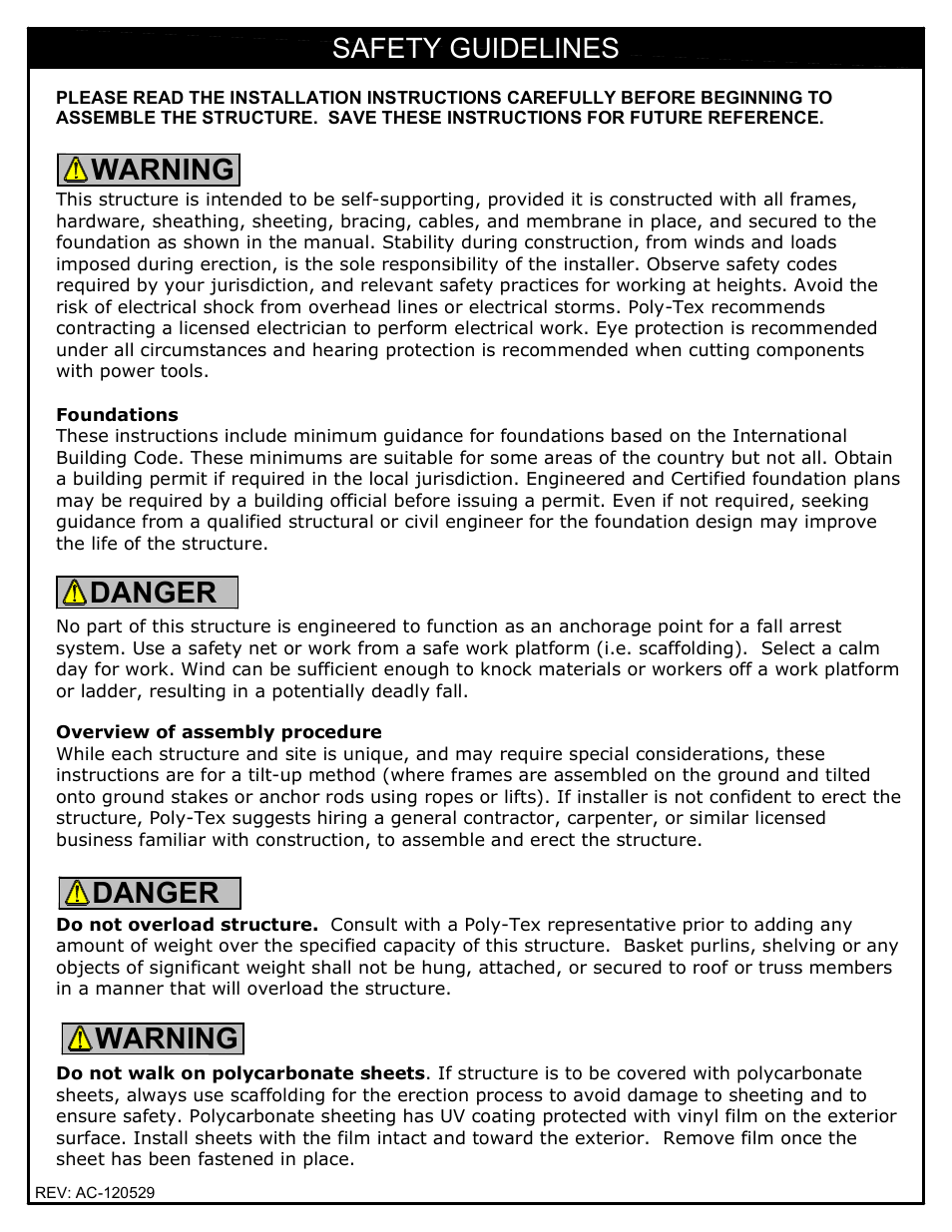 Warning, Warning danger danger, Safety guidelines | Poly-Tex KOOL HOUSE User Manual | Page 2 / 16