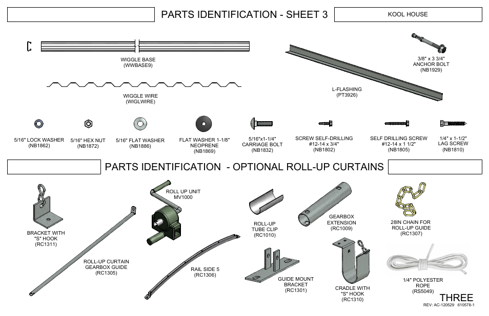 Parts identification - sheet 3 three, Parts identification - optional roll-up curtains | Poly-Tex KOOL HOUSE User Manual | Page 5 / 16