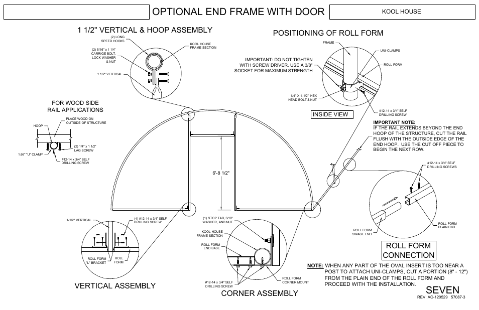 Optional end frame with door seven, Roll form connection, Kool house | For wood side rail applications, Inside view | Poly-Tex KOOL HOUSE User Manual | Page 9 / 16