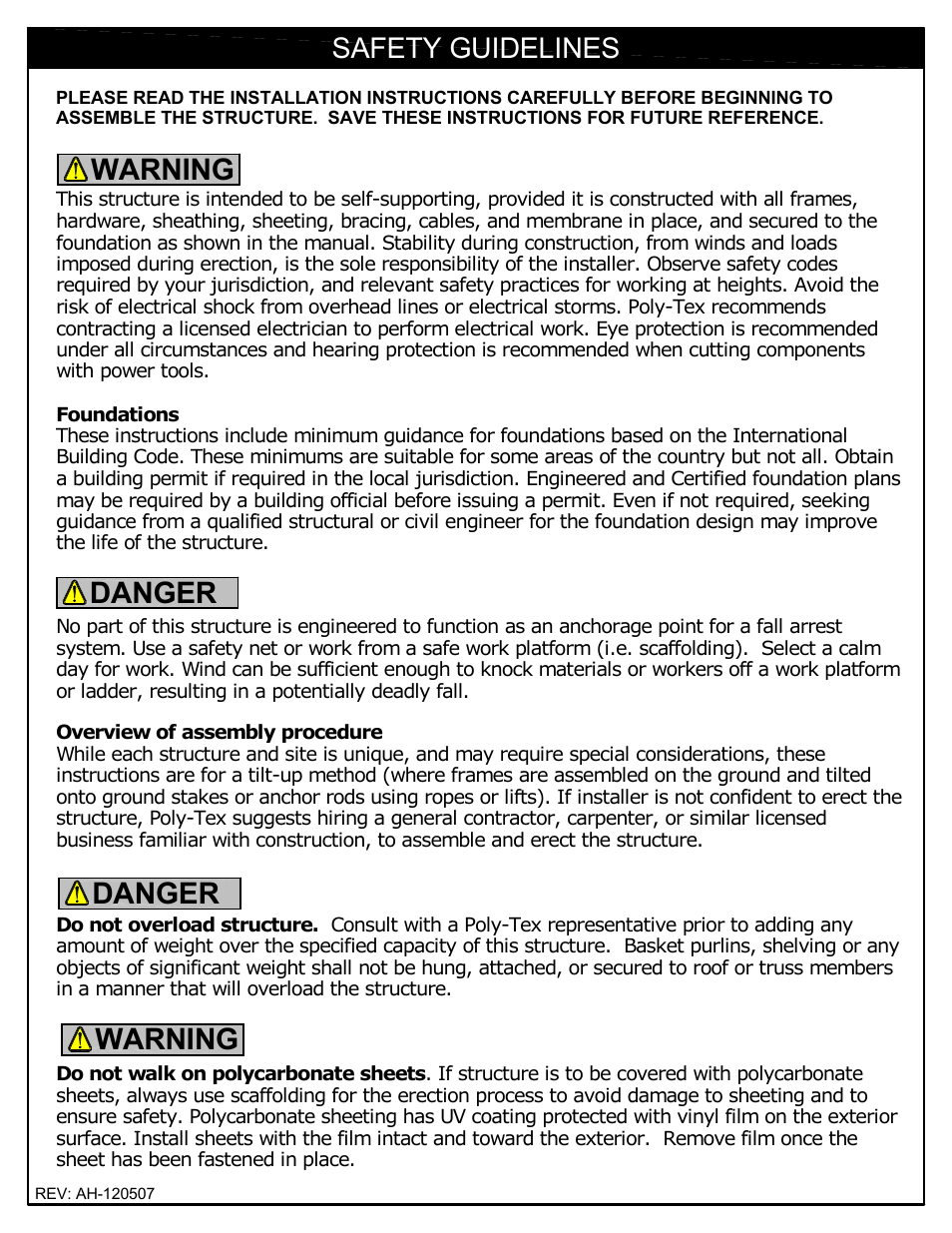 Warning, Warning danger danger, Safety guidelines | Poly-Tex FieldPro Gothic User Manual | Page 2 / 18
