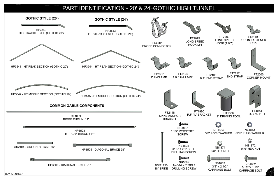 Gothic style (20'), Gothic style (24'), Common gable components | Poly-Tex FieldPro Gothic User Manual | Page 4 / 18