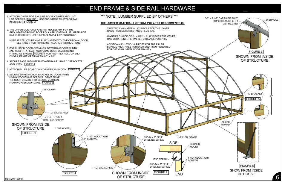 End frame & side rail hardware 6, End side, Show from inside of house | Figure 1 figure 3 figure 5, Figure 2 figure 4 figure 6 | Poly-Tex FieldPro Gothic User Manual | Page 9 / 18