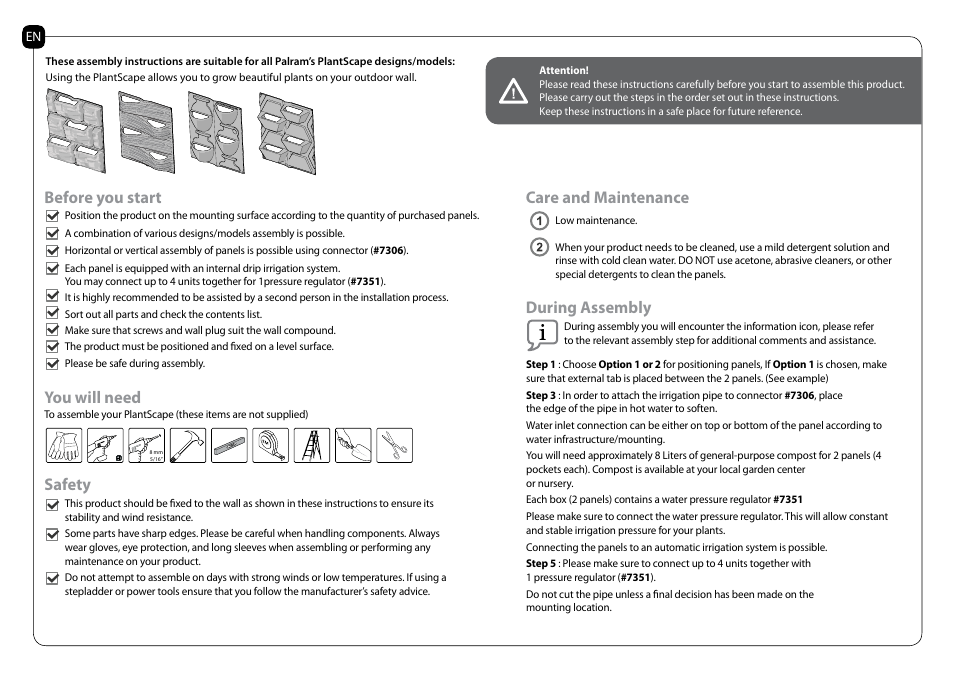 Before you start you will need, Safety, Care and maintenance during assembly | Poly-Tex PlantScape User Manual | Page 2 / 11