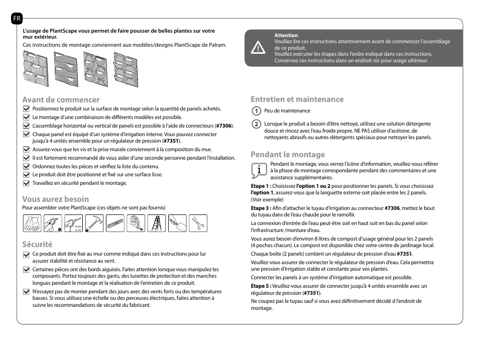 Avant de commencer vous aurez besoin, Sécurité, Entretien et maintenance pendant le montage | Poly-Tex PlantScape User Manual | Page 3 / 11