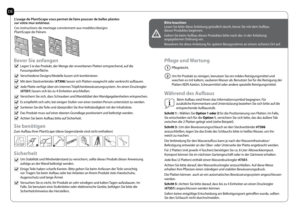 Bevor sie anfangen sie benötigen, Sicherheit, Pflege und wartung während des aufbaus | Poly-Tex PlantScape User Manual | Page 4 / 11