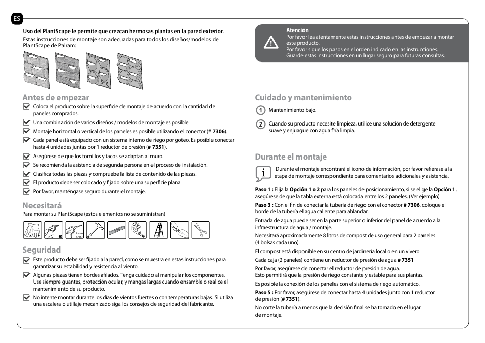 Antes de empezar necesitará, Seguridad, Cuidado y mantenimiento durante el montaje | Poly-Tex PlantScape User Manual | Page 5 / 11