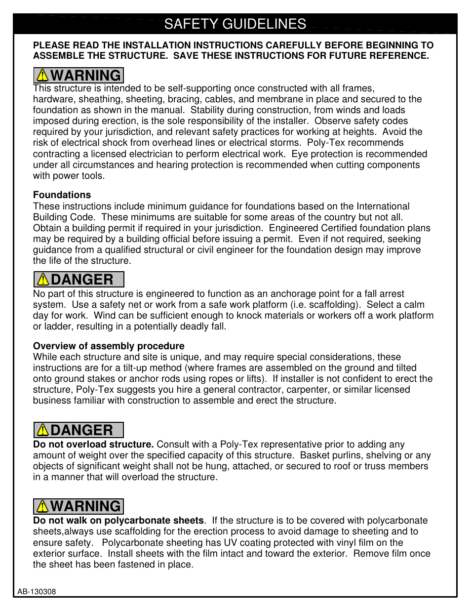 Warning, Warning danger danger, Safety guidelines | Poly-Tex HAVA CABANA shade systems User Manual | Page 2 / 9