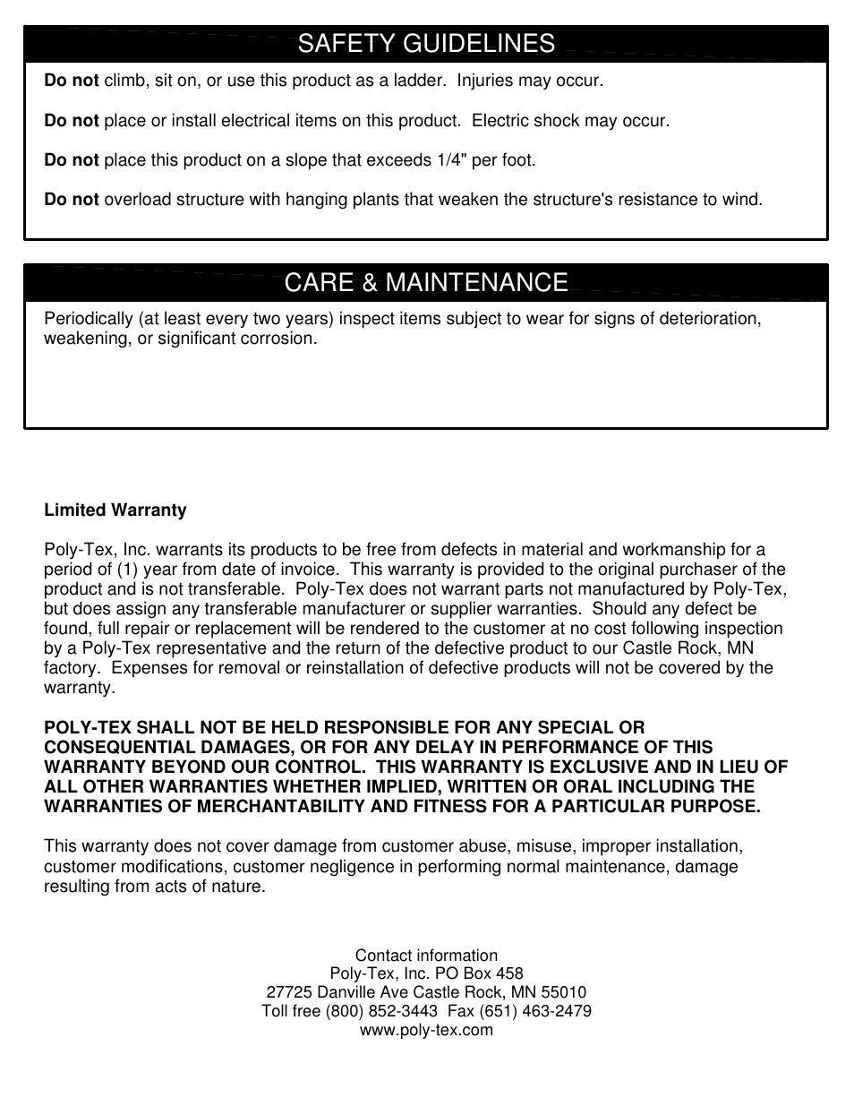 Safety guidelines care & maintenance | Poly-Tex SUNSTOPPER shade structure system User Manual | Page 13 / 13