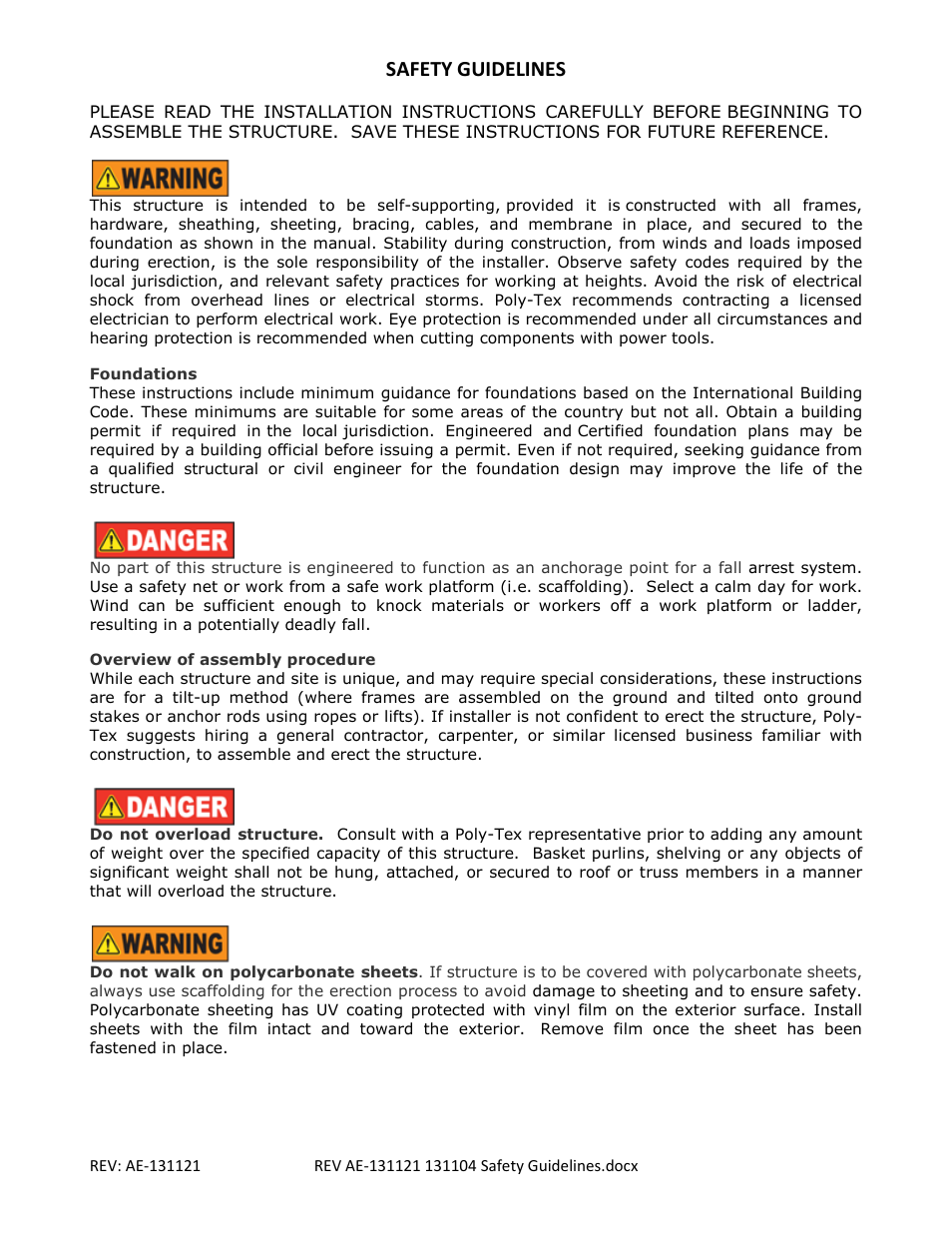 Safety guidelines | Poly-Tex SUNSTOPPER shade structure system User Manual | Page 2 / 13