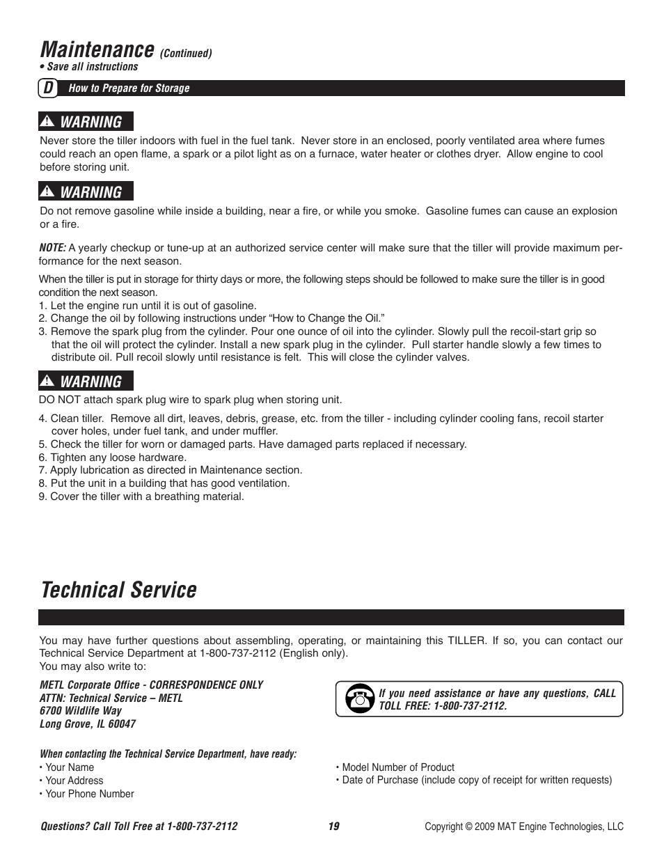 Maintenance, Technical service, Warning | Powermate P-RTT-196MD User Manual | Page 20 / 52