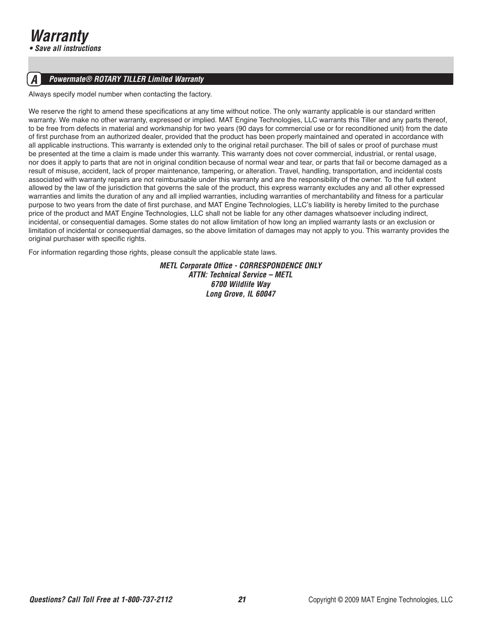 Warranty | Powermate P-RTT-196MD User Manual | Page 22 / 52