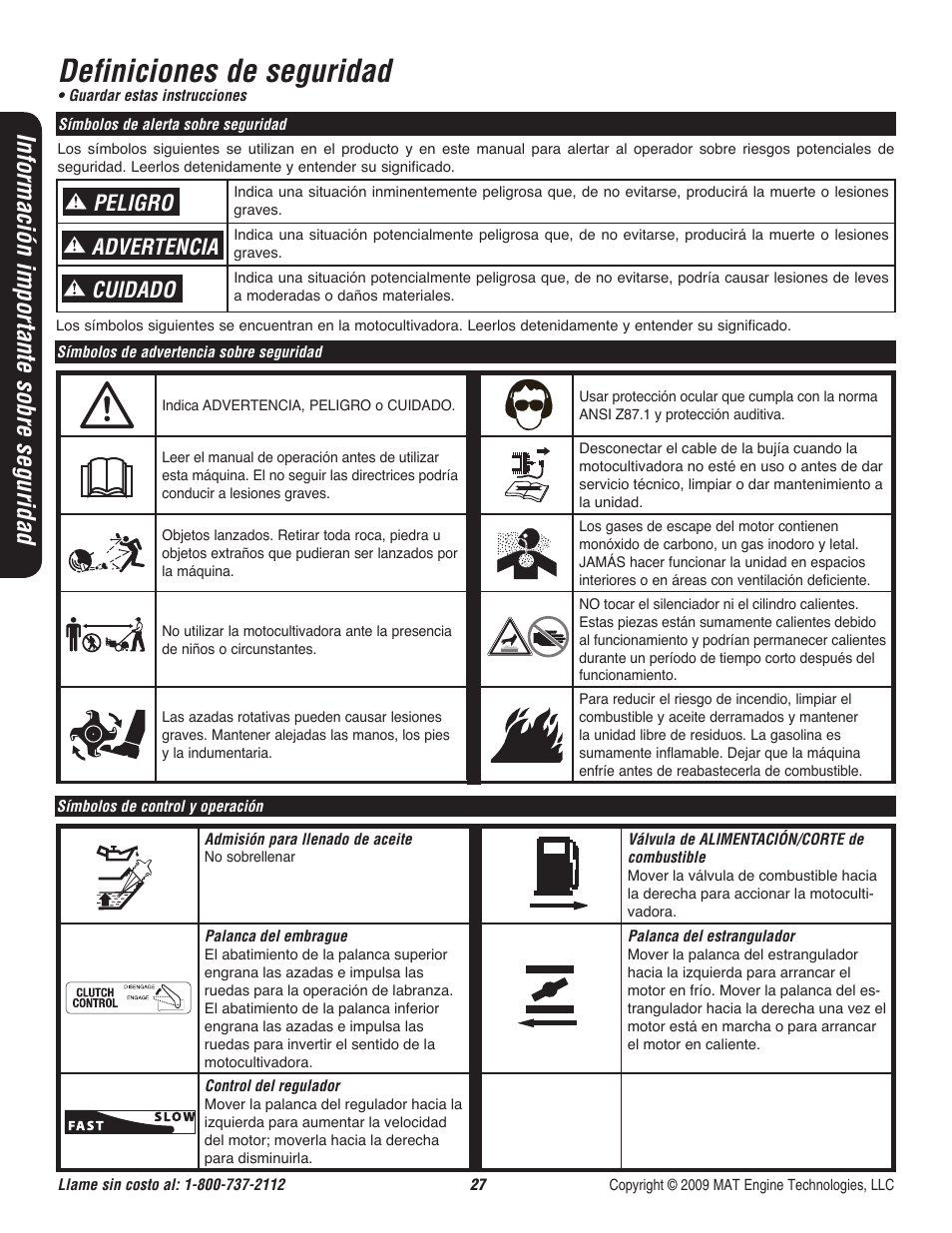 Definiciones de seguridad, Información importante sobre seguridad, Peligro cuidado advertencia | Powermate P-RTT-196MD User Manual | Page 28 / 52