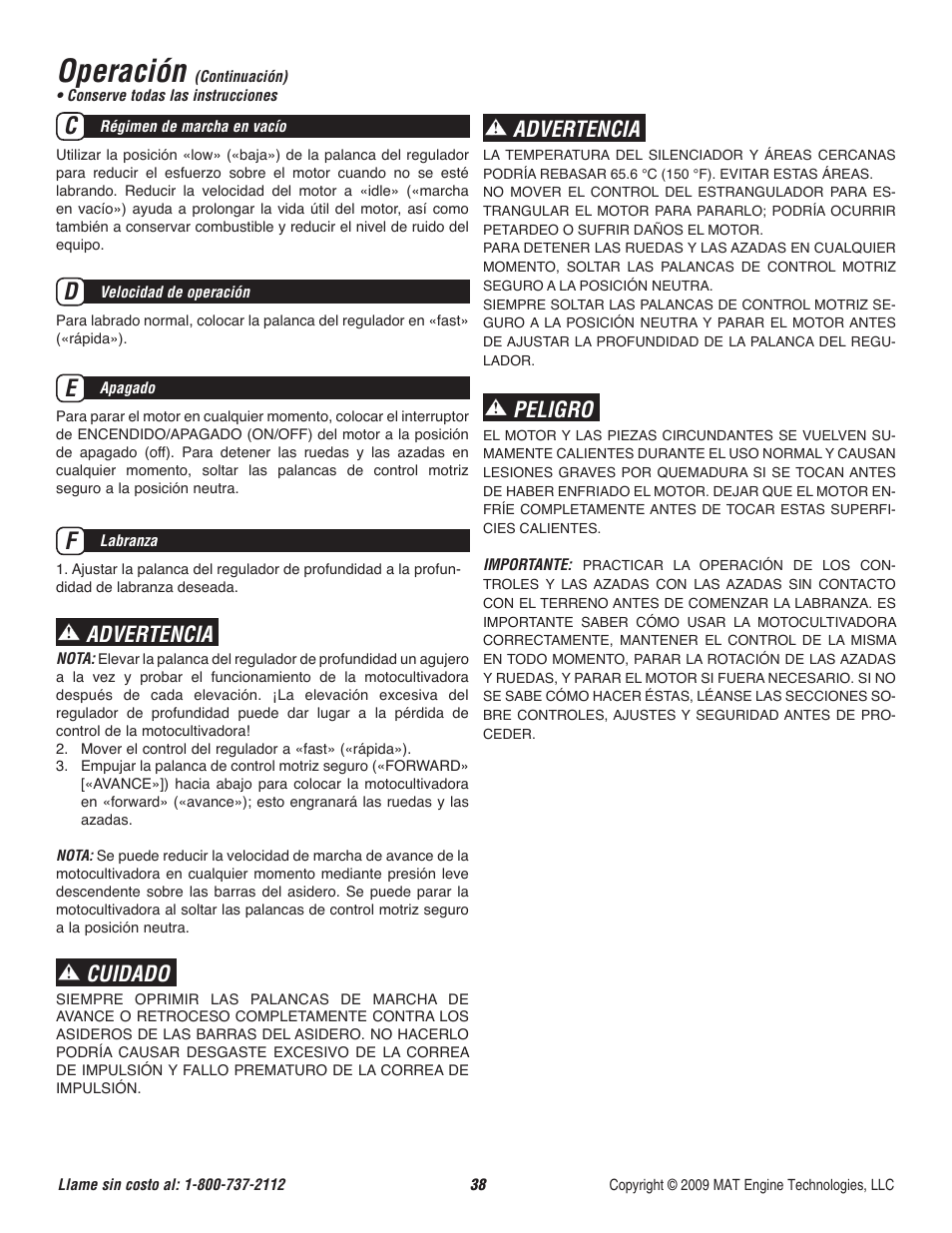 Operación, Advertencia, Cuidado | Peligro | Powermate P-RTT-196MD User Manual | Page 39 / 52