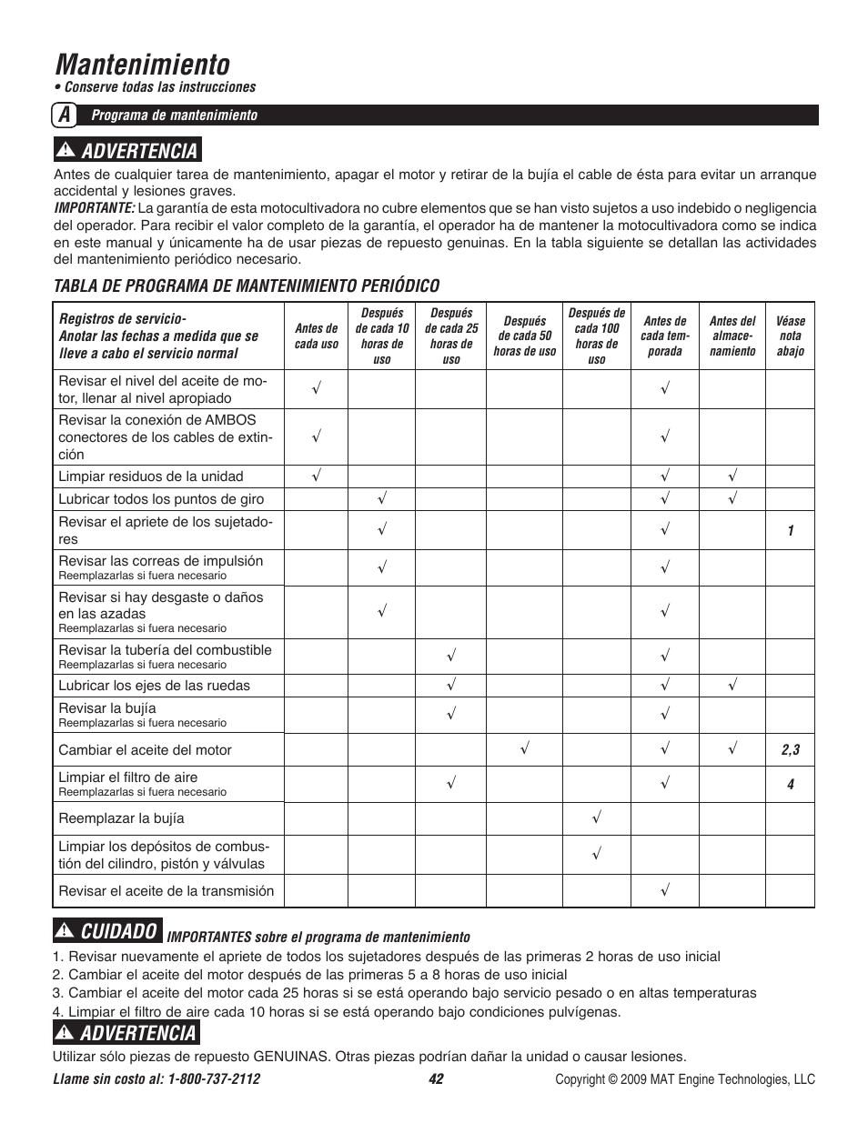 Mantenimiento, Advertencia, Cuidado | Powermate P-RTT-196MD User Manual | Page 43 / 52