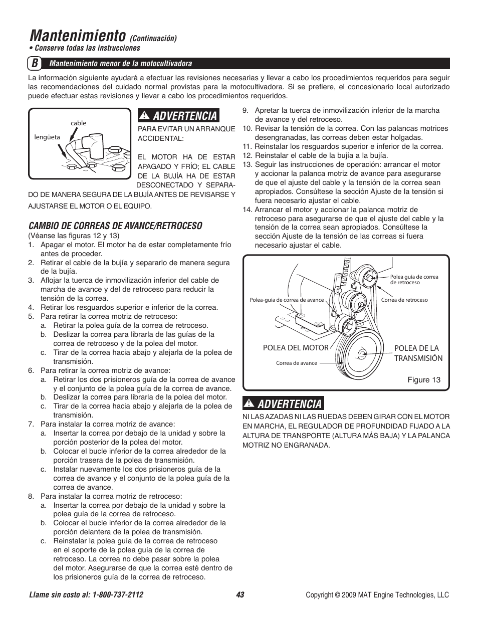 Mantenimiento, Advertencia, Cambio de correas de avance/retroceso | Powermate P-RTT-196MD User Manual | Page 44 / 52