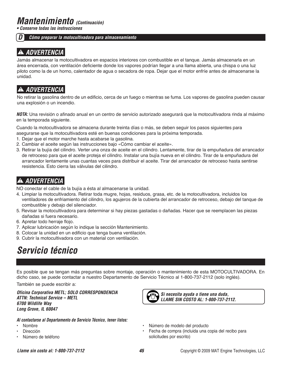 Mantenimiento, Servicio técnico, Advertencia | Powermate P-RTT-196MD User Manual | Page 46 / 52