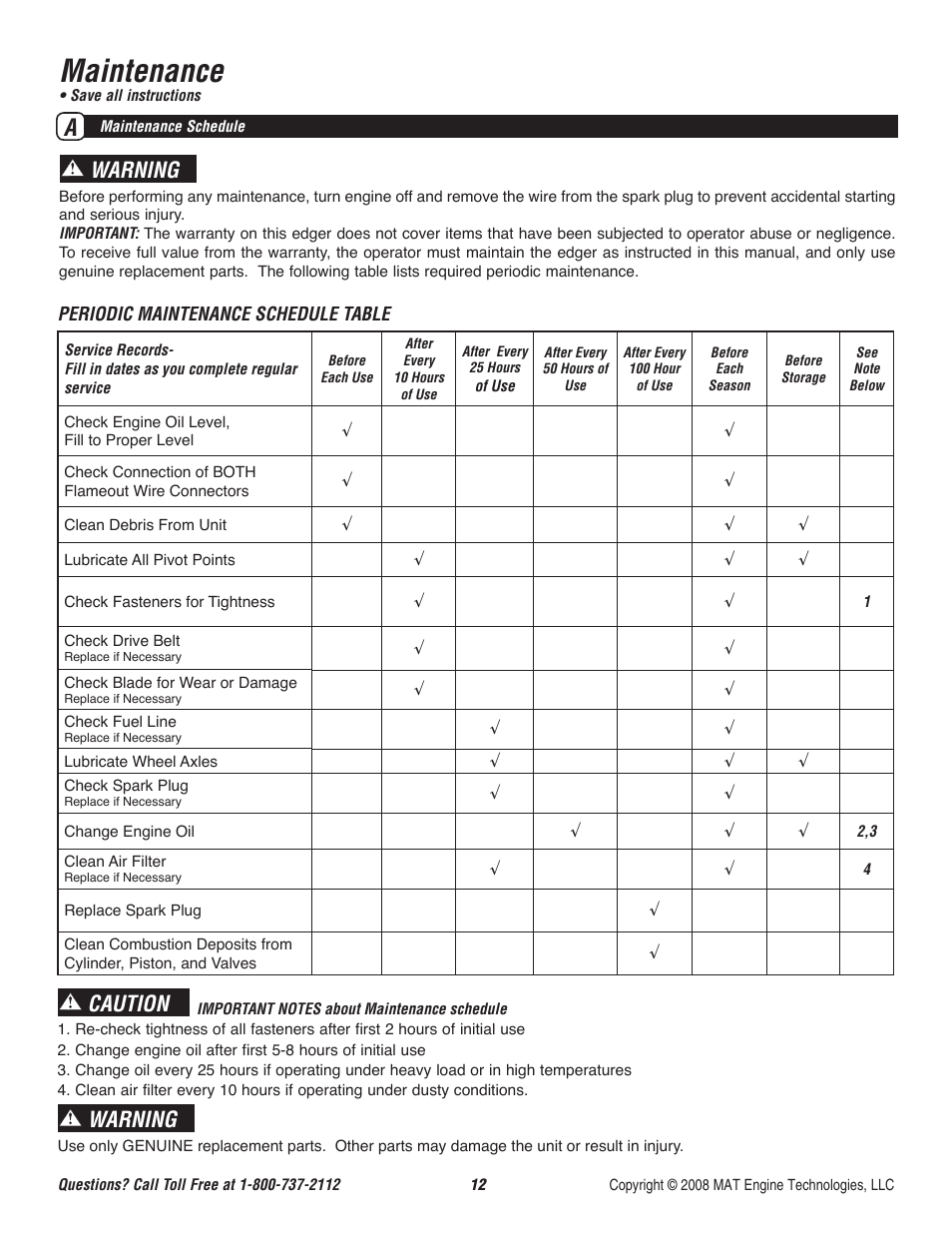 Maintenance, Caution, Warning | Powermate P-WLE-1639 User Manual | Page 13 / 44