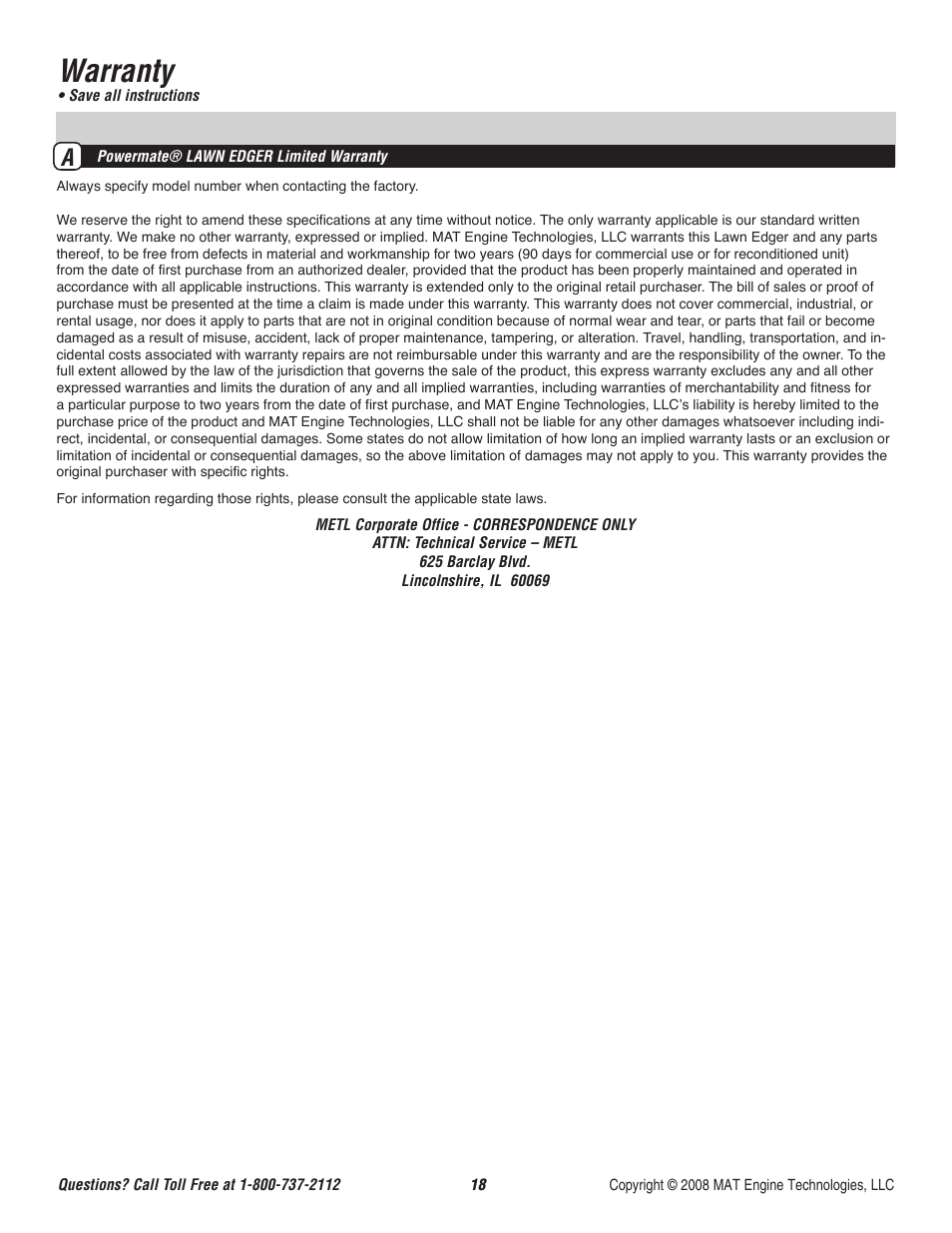 Warranty | Powermate P-WLE-1639 User Manual | Page 19 / 44