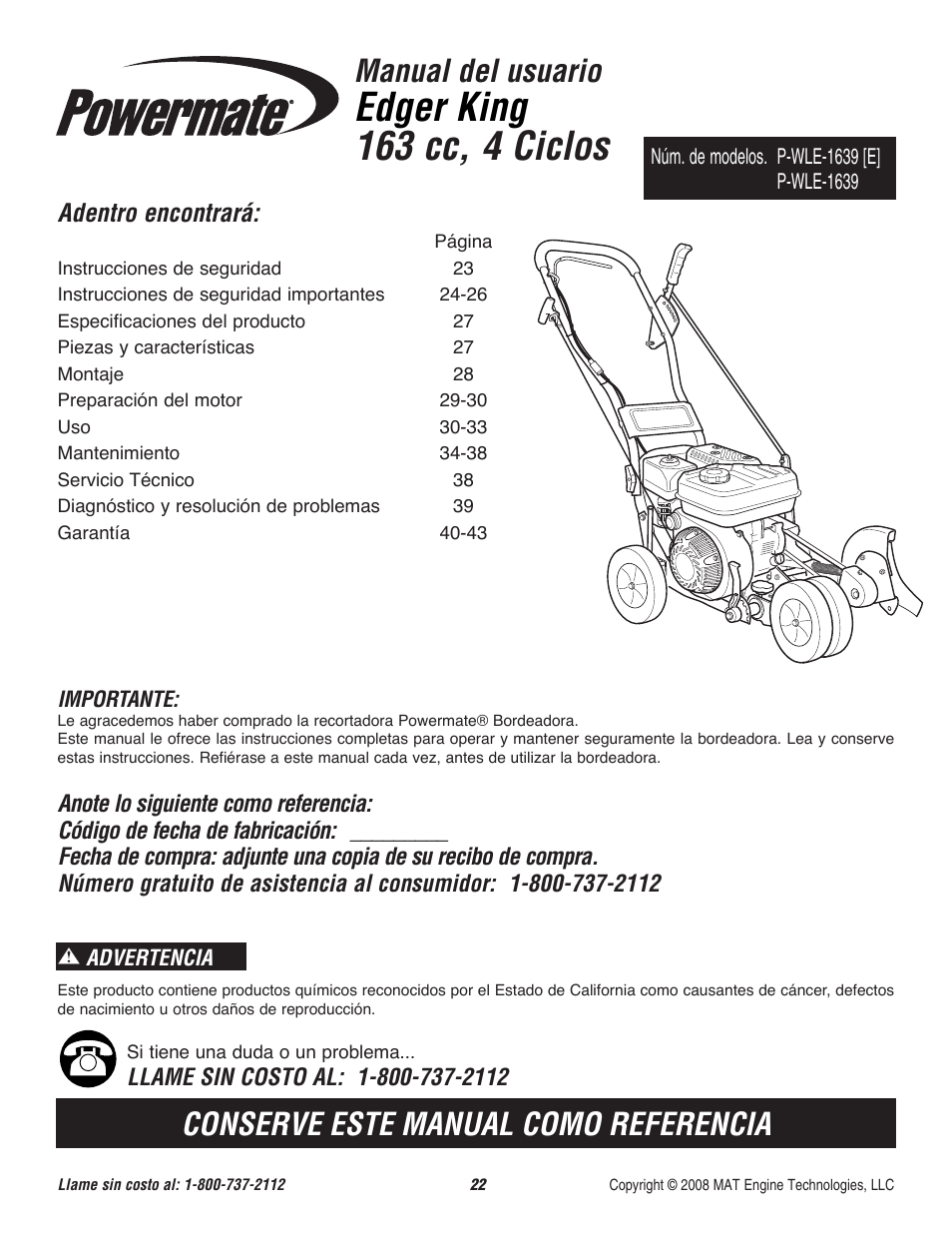 Edger king 163 cc, 4 ciclos, Manual del usuario, Conserve este manual como referencia | Adentro encontrará | Powermate P-WLE-1639 User Manual | Page 23 / 44