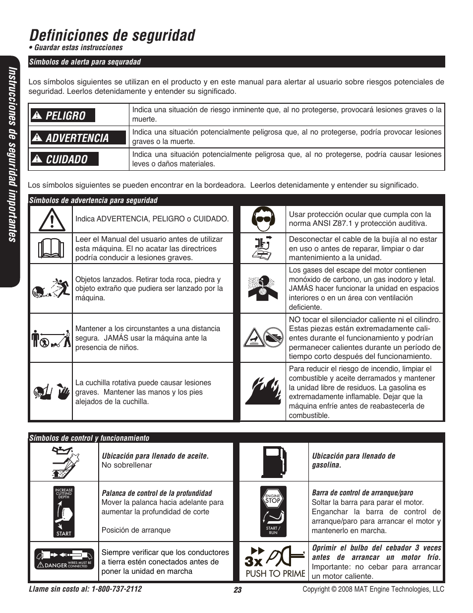 Definiciones de seguridad, Advertencia, Instrucciones de seguridad importantes | Peligro cuidado | Powermate P-WLE-1639 User Manual | Page 24 / 44