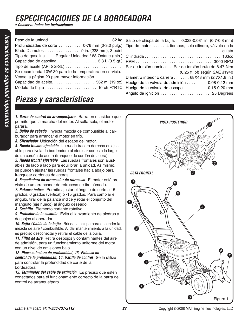 Especificaciones de la bordeadora, Piezas y características, Instrucciones de seguridad importantes | Powermate P-WLE-1639 User Manual | Page 28 / 44