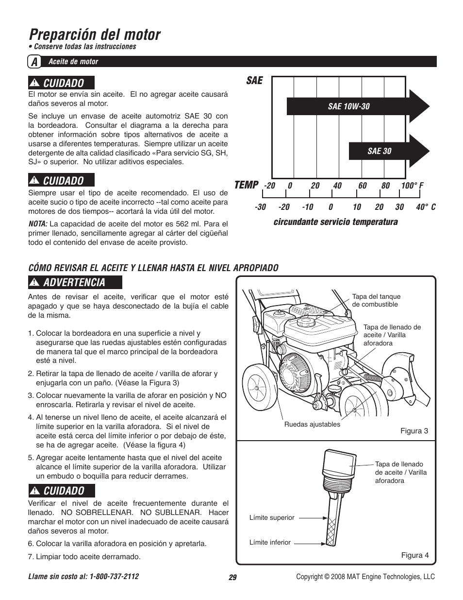 Preparción del motor, Caution, Caution sae temp | Advertencia cuidado cuidado cuidado | Powermate P-WLE-1639 User Manual | Page 30 / 44