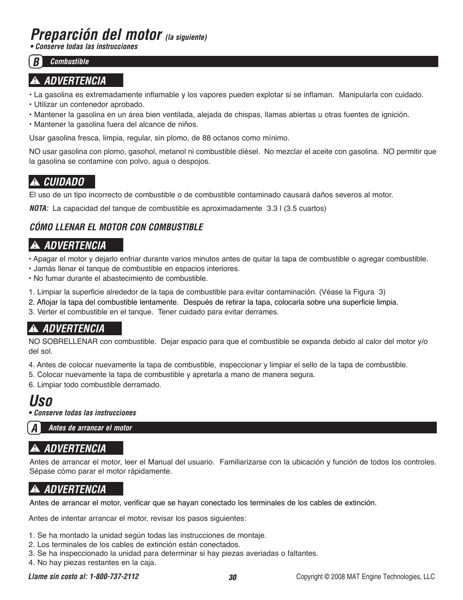 Preparción del motor, Advertencia, Advertencia cuidado advertencia | Powermate P-WLE-1639 User Manual | Page 31 / 44