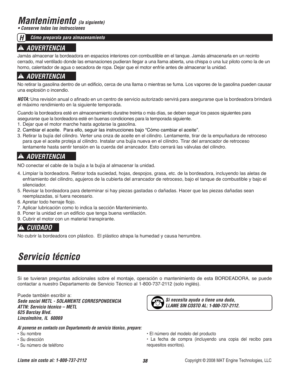 Mantenimiento, Servicio técnico, Advertencia | Advertencia cuidado | Powermate P-WLE-1639 User Manual | Page 39 / 44