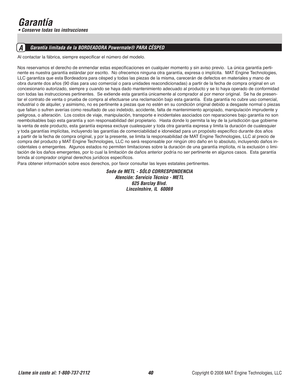 Garantía | Powermate P-WLE-1639 User Manual | Page 41 / 44